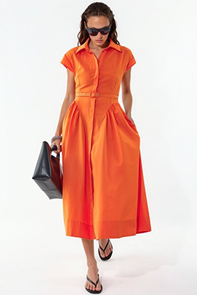 Hiccup Busem Belted Shirt Collar Midi Dress