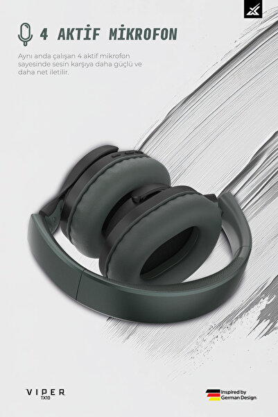 Tedinex VIPER TX10 Kablosuz Kulak Üstü Bluetooth Kulaklık 4 Mikrofonlu Multi Bass IPX4 Suya Dayanıklı Mat Yeşil
