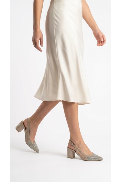 Eysha Lujai̇n Women's Thick Heeled Shoes with Stone Detail, Silvery Pointed T...