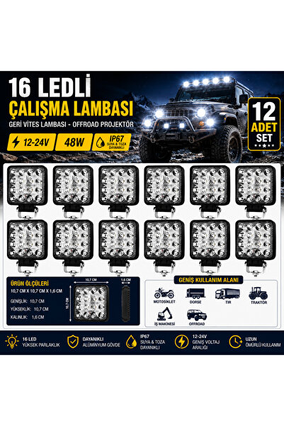 KUTUP TİCARET 12 Adet 16 Ledli Çalışma Lambası 12-24V 48W Offroad Projektör G...