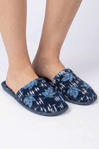hadiora Navy Blue Leaf Patterned Plush House Slippers - Soft Textured Comfort...