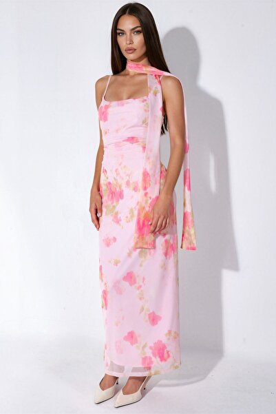 Hiccup Patterned Tulle Midi Dress with Scarf