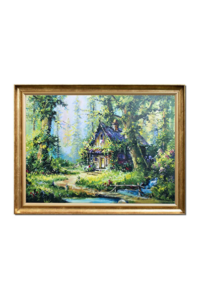 artnova Рамкирана картина на хижа в гората, ръчно рисувана, Оазис на спокойст...