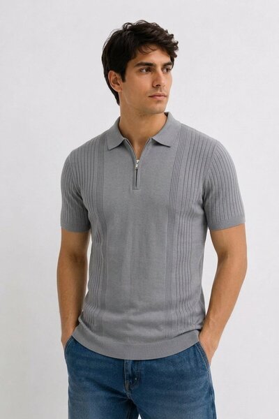 Maccali Men's Trend Smoked Polo Collar Zippered Knitwear T-Shirt