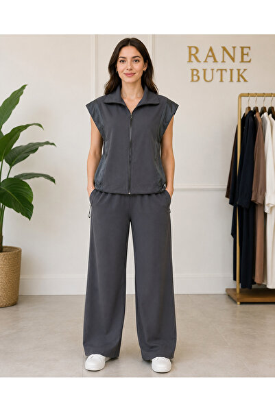 Butik Kadın Antrasit Fermuarlı Yelekli Bol Paça İkili Takım