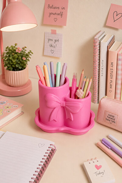 3D Baskı Fiyonk Detaylı Çift Bölmeli Masaüstü Kalemlik Makyaj Fırçalık Organizer