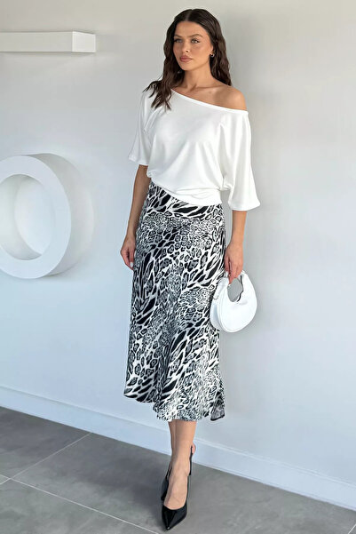 Aryena Creamy Black Women's Patterned Satin Skirt with Elastic Waist
