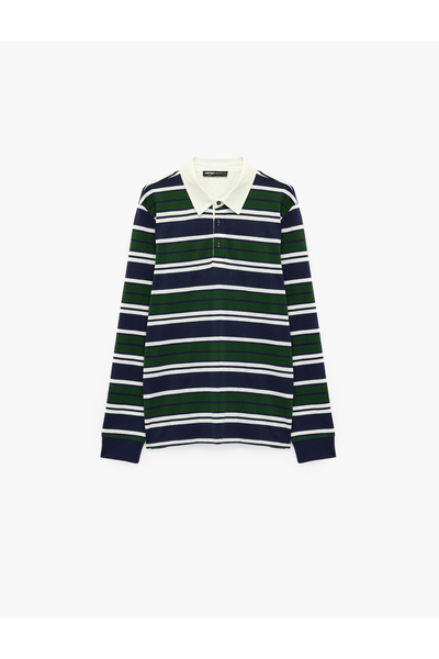 Koton Cotton Long Sleeve Buttoned Polo Collar Striped Sweatshirt