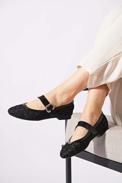 Moda Pie Uresan Lace Detailed Belted Women's Ballerina Flats Black