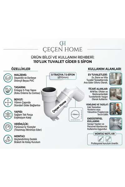 ÇEÇEN HOME 110’luk S Sifon Tuvalet Gider Borusu Koku Önleyici Su Contalı Daya...