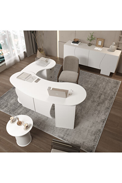 klubeconcept Klube Concept Özel Tasarım Modern Beyaz Ofis Takımı L Masa + Kon...