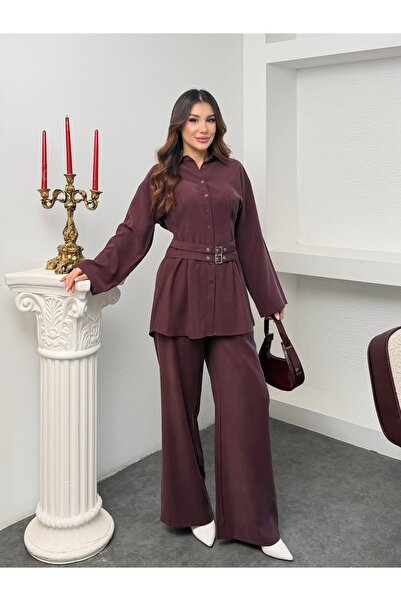 MiraMore Butik Women's Belted Shirt Wide-Leg Pants Set
