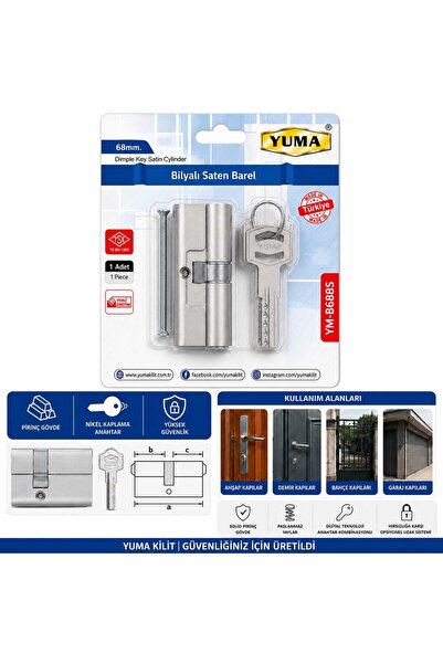 Yuma 68 mm Bilyalı Saten Barel Silindir Kapı Kilidi Bareli 3 Anahtarlı