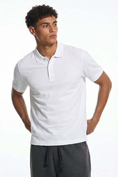 Maccali Tricou alb cu guler polo, cu mânecă scurtă, brodat, pentru bărbați