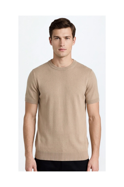 Erkek Bej Bisiklet Yaka Kısa Kollu Premium Triko T-Shirt - İnce Örgü Temel Parça