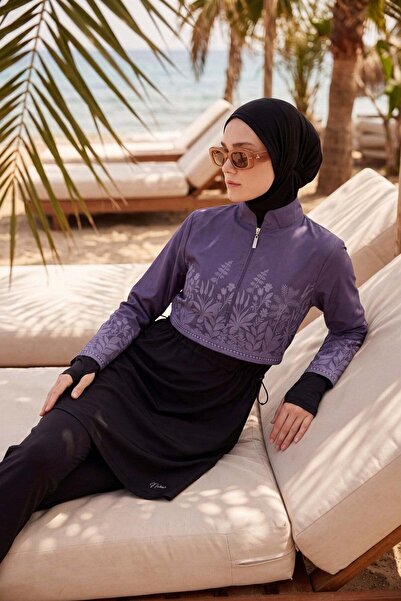 Nehar Floral Patterned Lilac 3-Piece Full Coverage Hijab Swimsuit Set 2299