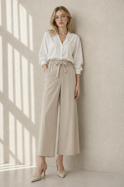 AFVENTE Luna Belted Wide Leg Trousers Beige
