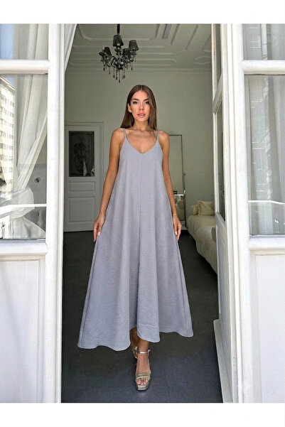 ORZUQLIFE Aerobin Fabric Long Gray Dress with Adjustable Straps