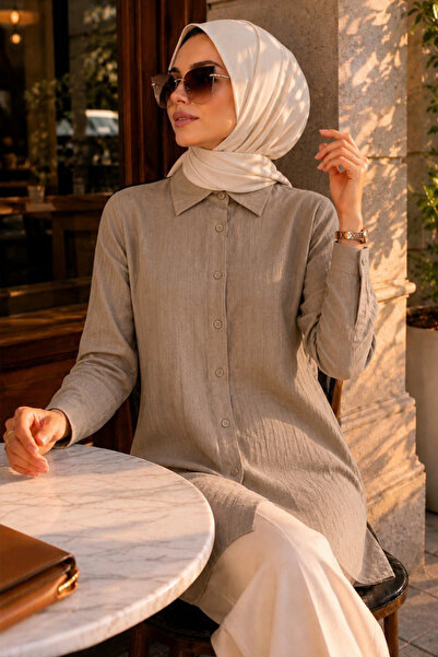 N.S NEVA STYLE Buttoned Front Open Khaki Strawberry Fabric Hijab Tunic 11025Ahk