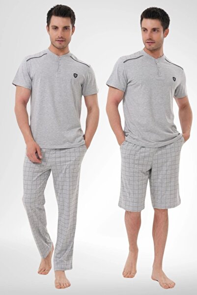 By Mecit Pijama Men's Plaid Three-Piece 3-Piece Large Size Shorts+ Short Slee...