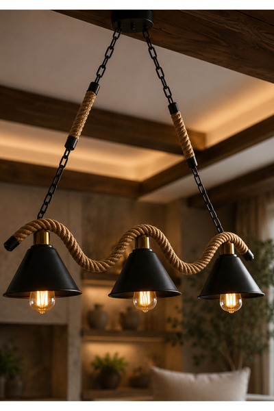 Grecia Three-Rope Hanging Light with Round Steel Pendant Plus Black