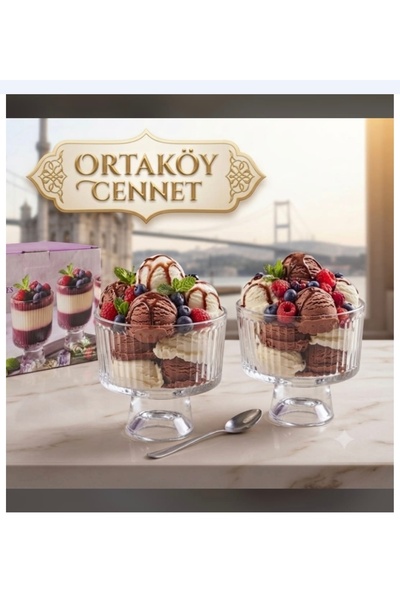ORTAKÖYCENNETİ علبة آيس كريم زجاجية جديدة مكونة من قطعتين، طراز جديد بقاعدة، علبة آيس كريم للعشاق، سعة 220 مل، طول 11 سم