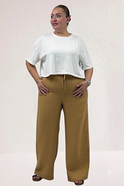 Eslina 59021 Plus Size Elastic Waist Muslim Wide Leg Pants - Biscuit