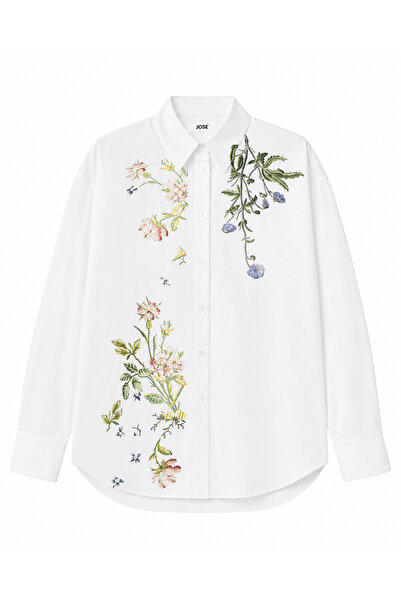 Jose Clothing Beyaz El Boyaması Floral Desen Oversize Uzun Kollu Gömlek