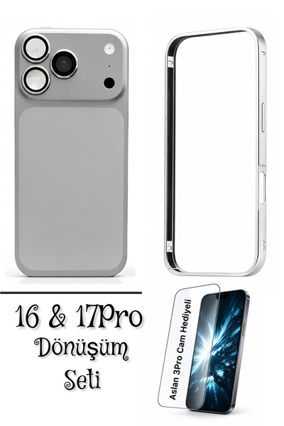 ucuzmi iPhone 16 Telefonu 17Pro Dönüşüm Seti Kılıf Kapak Aslan3Pro Cam Şeffaf...