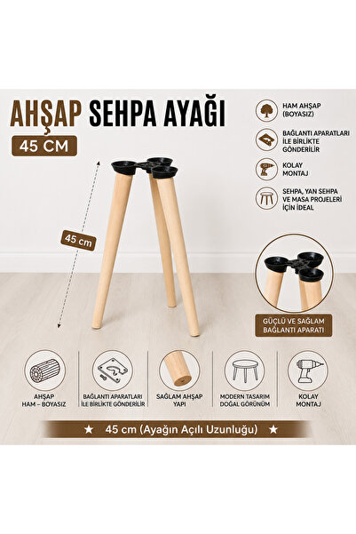 Home Wooden Coffee Table Leg 45 cm 3 Pieces Raw Unpainted Conical Furniture L...