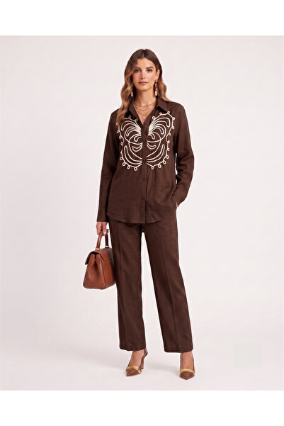 Marvella By Rasha Linen Two-Piece Set with Butterfly Embroidery