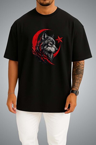 Bahriyeli Collection Oversize Red Moon and Wolf Chest Printed Unisex T-Shirt