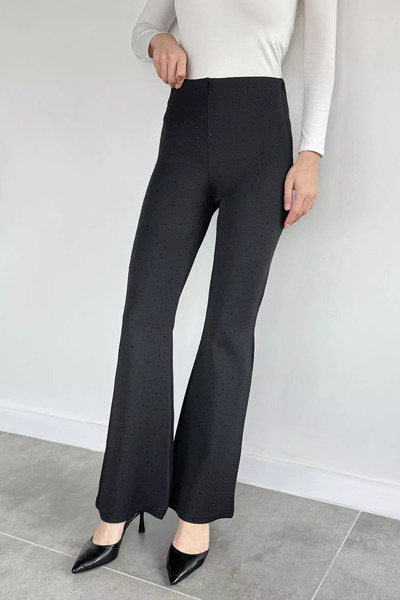 Aryena Black Women's Elastic Waist Stone Embroidered Lycra Flared Pants