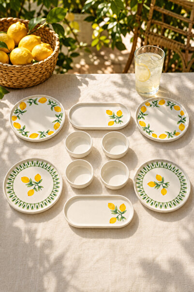 Papart Yeşil Limon 10 Parça 4 Kişilik Handmade Stackable Seramik Tabak Seti P...