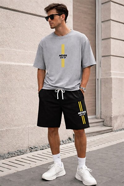 x-compass life Oversize T-Shirt Black Shorts Set Casual Sports Combination Su...