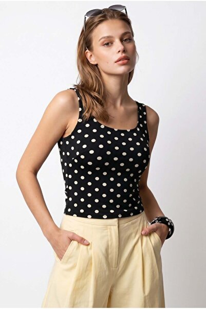 Mixray 2165 Women's Polka Dot Patterned U-Neck Strappy Athlete Blouse Black