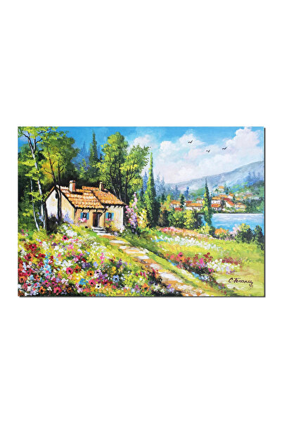 artnova Tablou peisaj de vara cu flori si casa pictat manual, O zi insorita, ...
