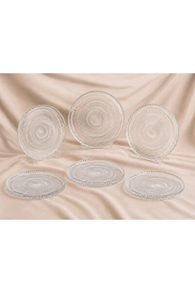 Bereketli Store Set of 6 16 cm Crystal Glass Dessert Plates with Vertical Edg...