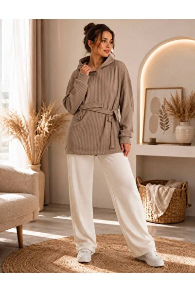 caddekombin Women's Special Design Belted Striped Hooded Sweatshirt