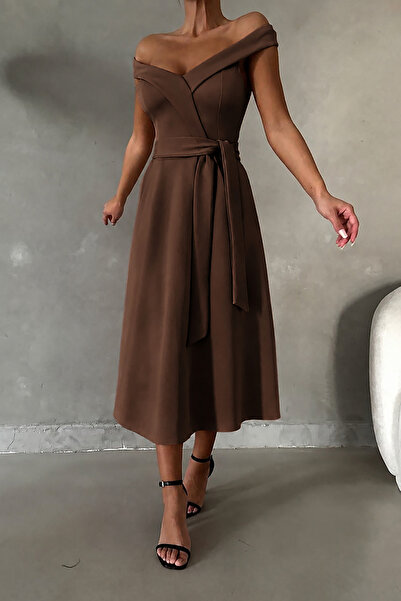 Deafox Brown Scuba Fabric Madonna Collar Belted Dress