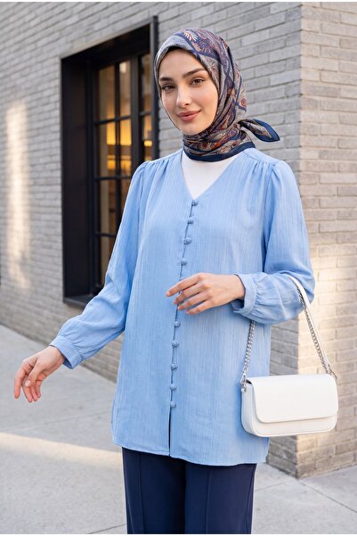 Modamorfo Top Buttoned V-Neck Jacquard Crinkle Tunic - Baby Blue