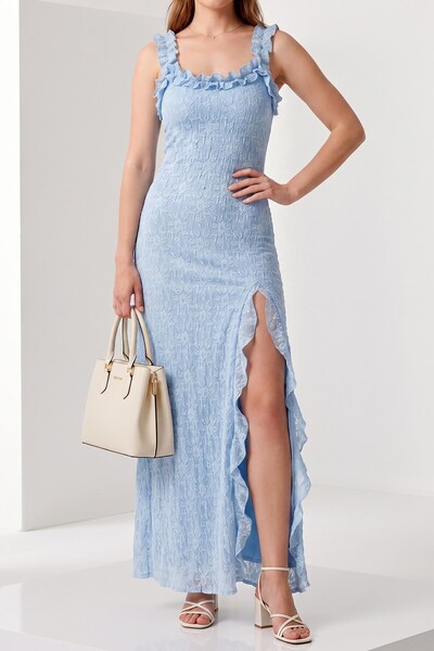 hadiora Baby Blue Lace Slit Detailed Dress - Stylish Dress with Ruffles and O...