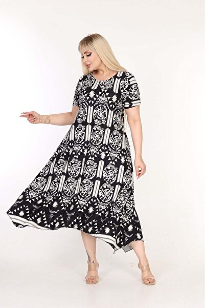 kısmet sepeti Women's Plus Size Viscose Fabric Black and White Patterned Styl...