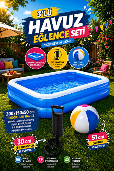 hak-iş oyuncak 200x150x50 Cm Dikdörtgen Şişme Havuz - 30 CM El Pompası Dahil