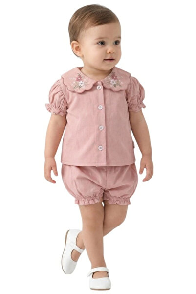 İrem Çocuk Giyim Baby Girl Bebe Collar Floral Embroidered Gabardine Fabric Du...