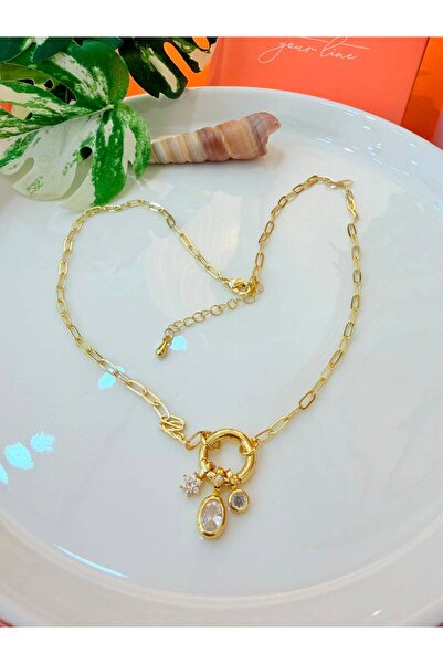 QUMLA ZİRKON TAŞLI CHARMLI 14 K ALTIN KAPLAMA ATAÇ MODEL KOLYE ( 42 + 6 CM )