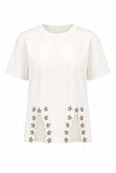 HAZELANNA Taş Yırtmaçlı Beyaz Tshirt