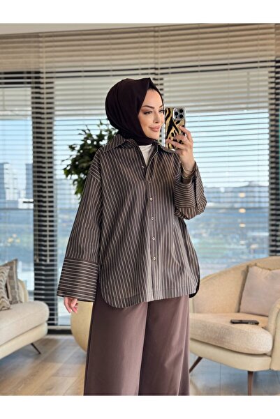 Merwishop قميص MRW1688 من قماش البوبلين المخطط باللون البني