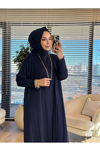 Knit 142 Sleeveless Dress Top Cardigan Double Set Navy Blue