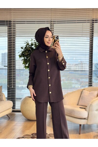 ALANURMODA 14464 Front Two Pockets Metal Button Suit Brown